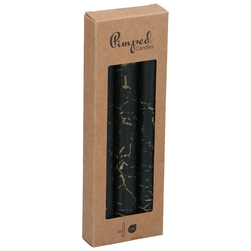 Kronelys Sort Gull Marmor Design | 3stk 2,2x20cm