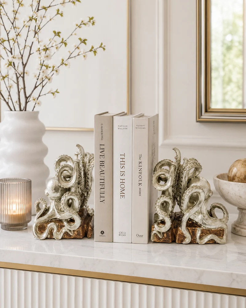 Bläckfisk Bokstöd I Silver – Par I Skulptural Design
