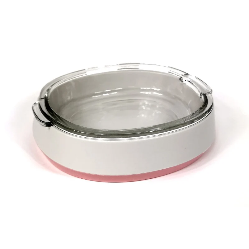 Glass hunde- og katteskål 200 ml med plastramme, rosa/hvit