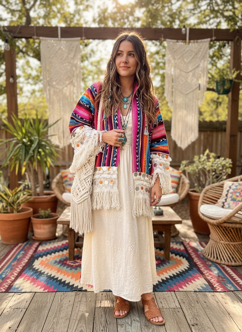 Boho omslagsjakke dame – fargerik sommerjakke i bohemstil (Maldita)