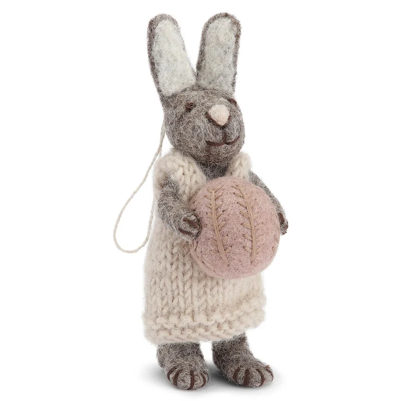 Grey Bunny With Off White Dress And Lavender Egg Hanging Decoration by Gry & Sif