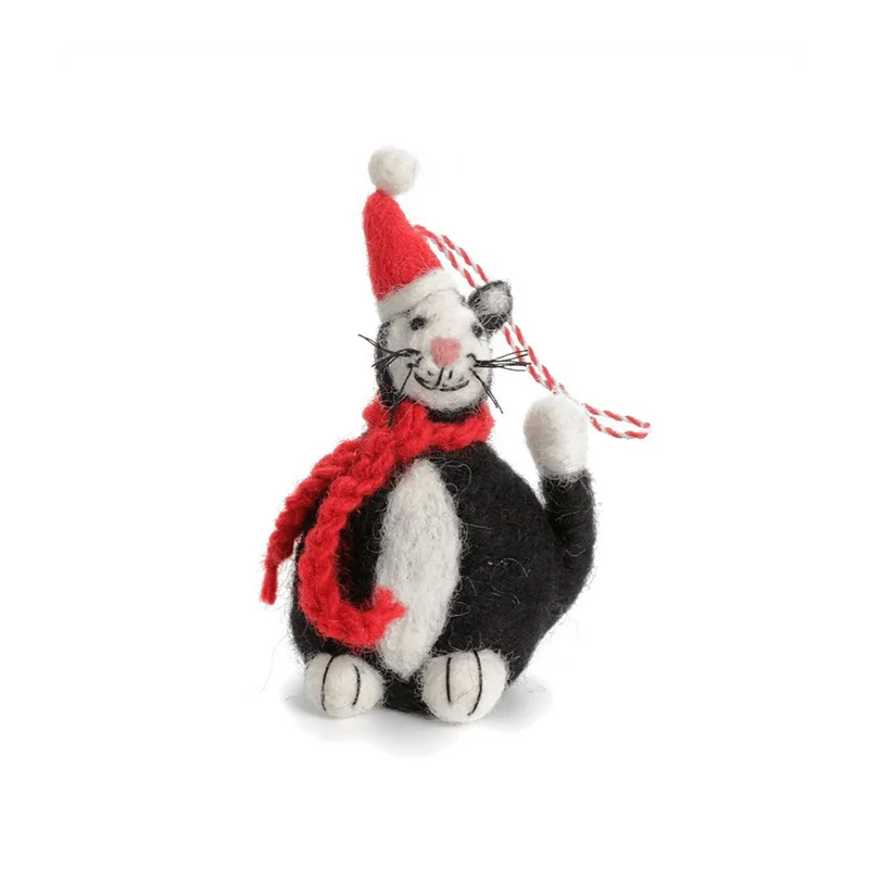 Sitting Black Cat With Santa Hat Hanging Christmas Decoration by Amica