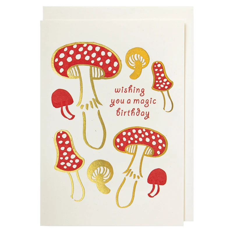A Magical Birthday Mushrooms Mini Greetings Card by Archivist Gallery