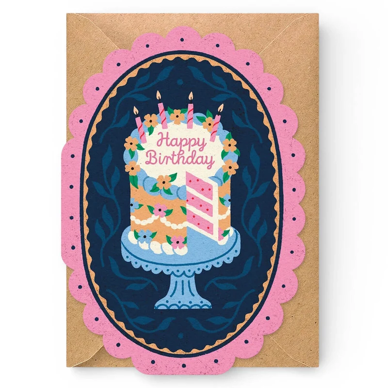 Pink Framed Cake Birthday Greetings Card by Studio Boketto