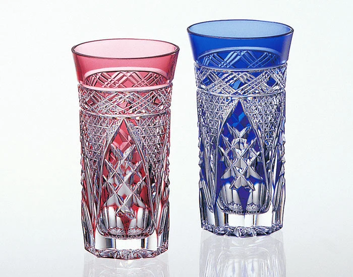 Kagami Kristall Edo Kiriko Glas Enbits Ölglas Röd Blå 2624