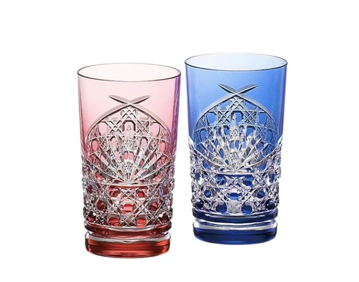 Kagami Kristall Edo Kiriko Glas Röd Blå 2940