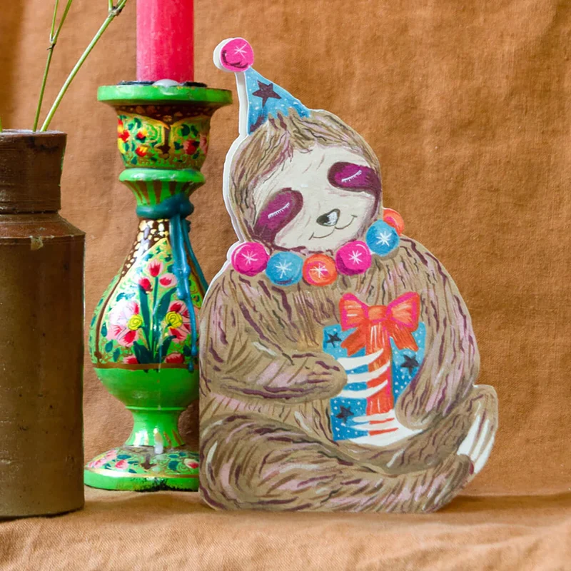 Party Sloth Die-Cut Birthday Greetings Card by Hutch Cassidy