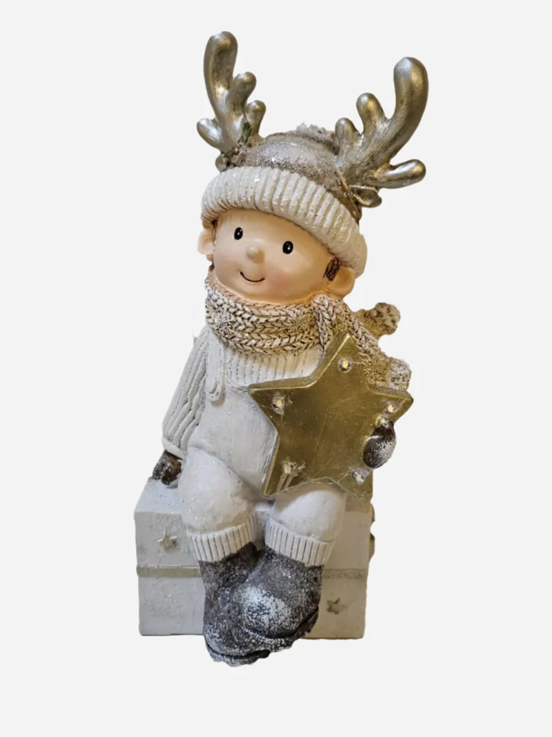 Julebarn med Stjerne og LED-lys - Kremhvit & Gull 26 cm