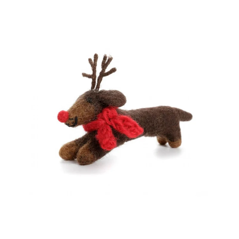 Sausage Dog With Antlers Felt Hanging Christmas Decoration by Amica