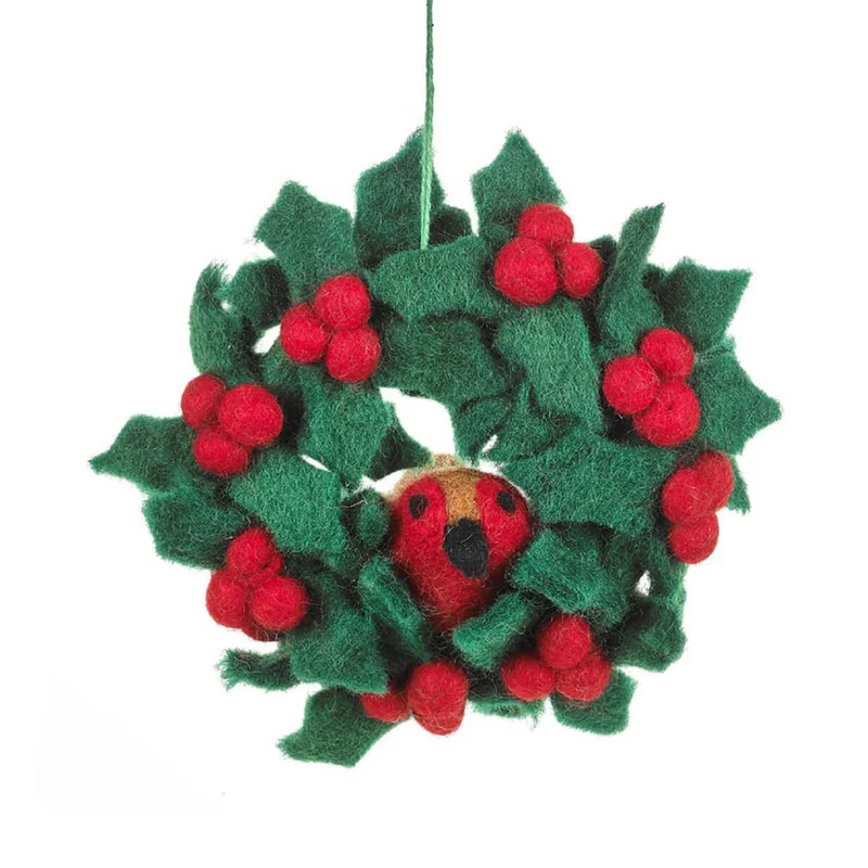 Holly and Robin Mini Wreath Hanging Christmas Decoration by Felt So Good