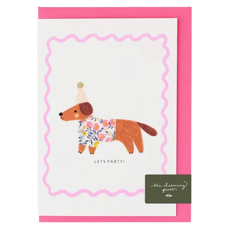 Liberty Sausage Dog Birthday Greetings Card in Wiltshire Bud Liberty Print by The Charming Press