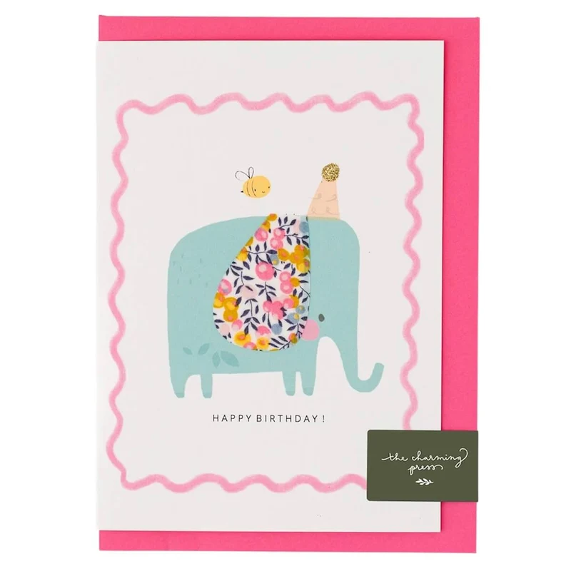 Liberty Elephant Birthday Greetings Card in Wiltshire Bud Liberty Print by The Charming Press