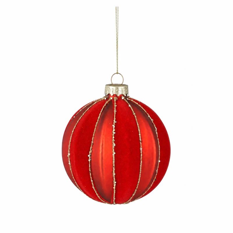Julgranskula röd med randigt mönster 8 cm i diameter