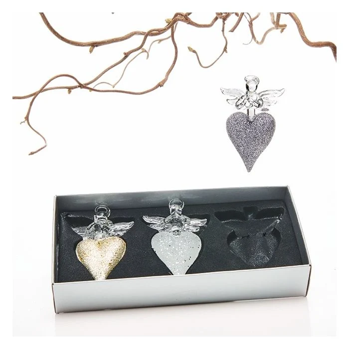 Glaspynt Ängel på hjärta 3-pack