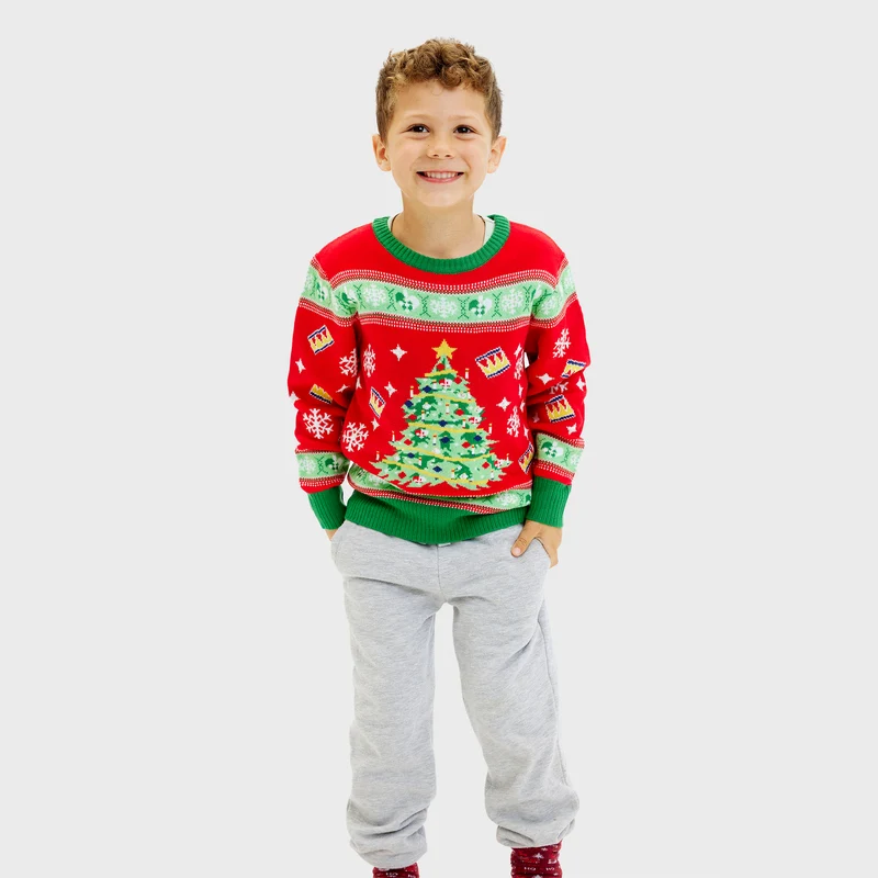 Juletræets Julesweater Rød med lys - Børn