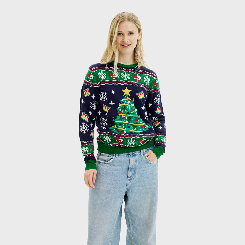 Juletræets Julesweater Navy med lys - Dame
