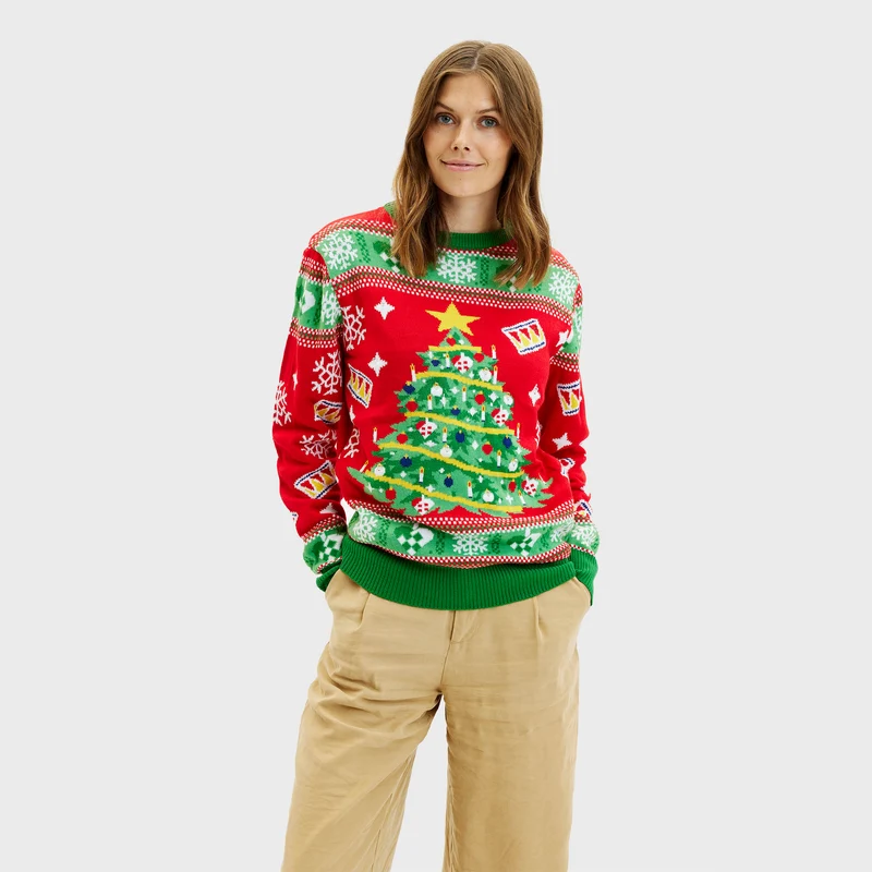 Juletræets Julesweater Rød med lys - Dame