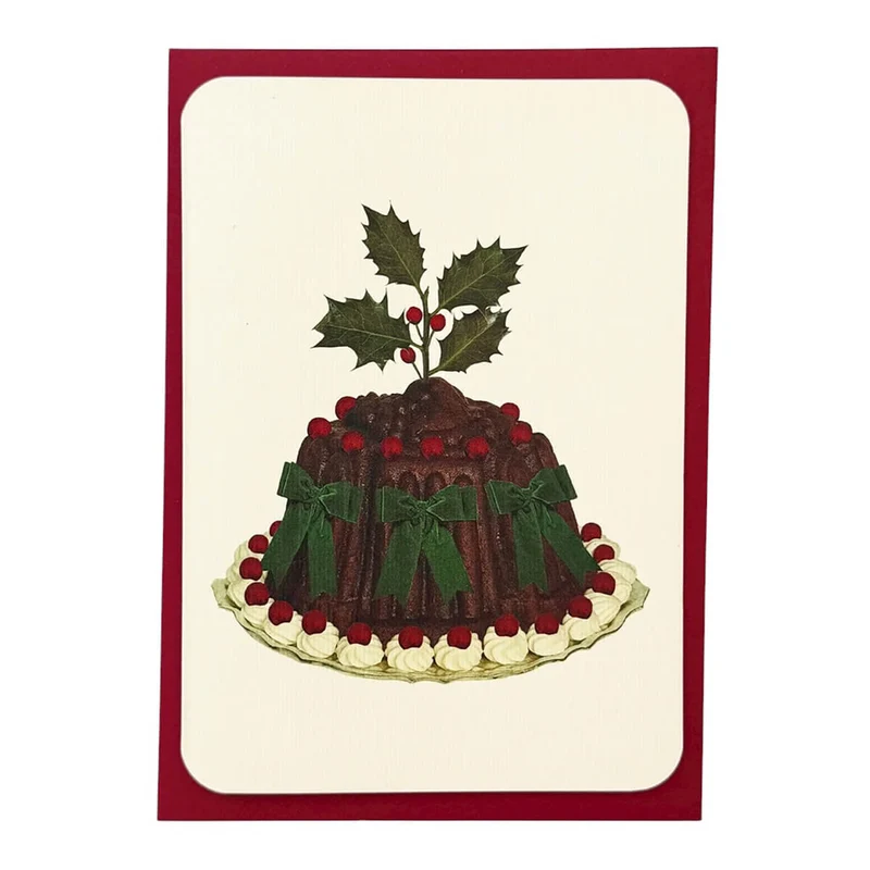 Plum Pudding Green Bows Christmas Greetings Card by Canonbury Press