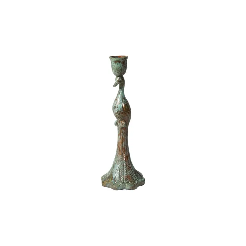 Ljusstake påfågel 24 cm hög antikgrön