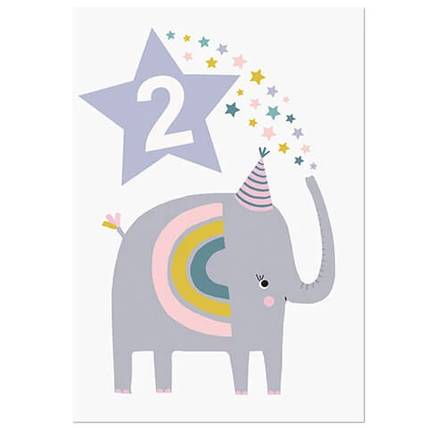 Age 2 Elephant Greetings Card (White Background) by Mifkins