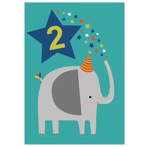 Age 2 Elephant Greetings Card (Blue Background) by Mifkins