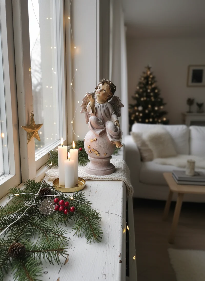 Stor Engel Sittende på Kule 30 cm - Julepynt med Gulldetaljer