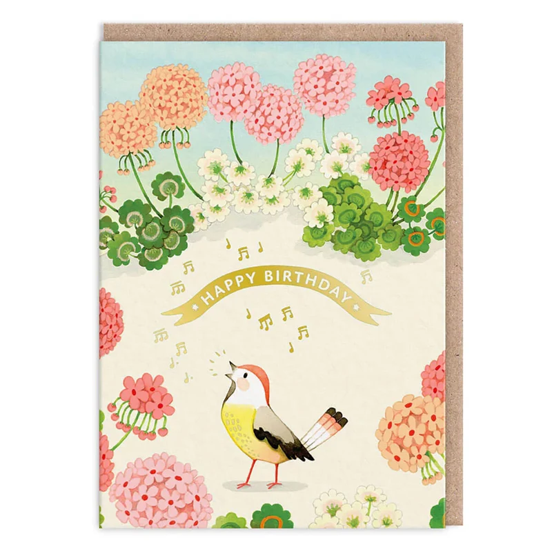 Geranium & Bird Birthday Greetings Card by Joo Joo Paper