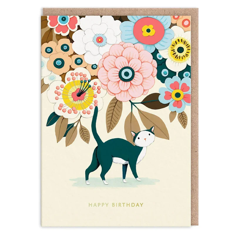 Floral Kitty Birthday Greetings Card by Joo Joo Paper