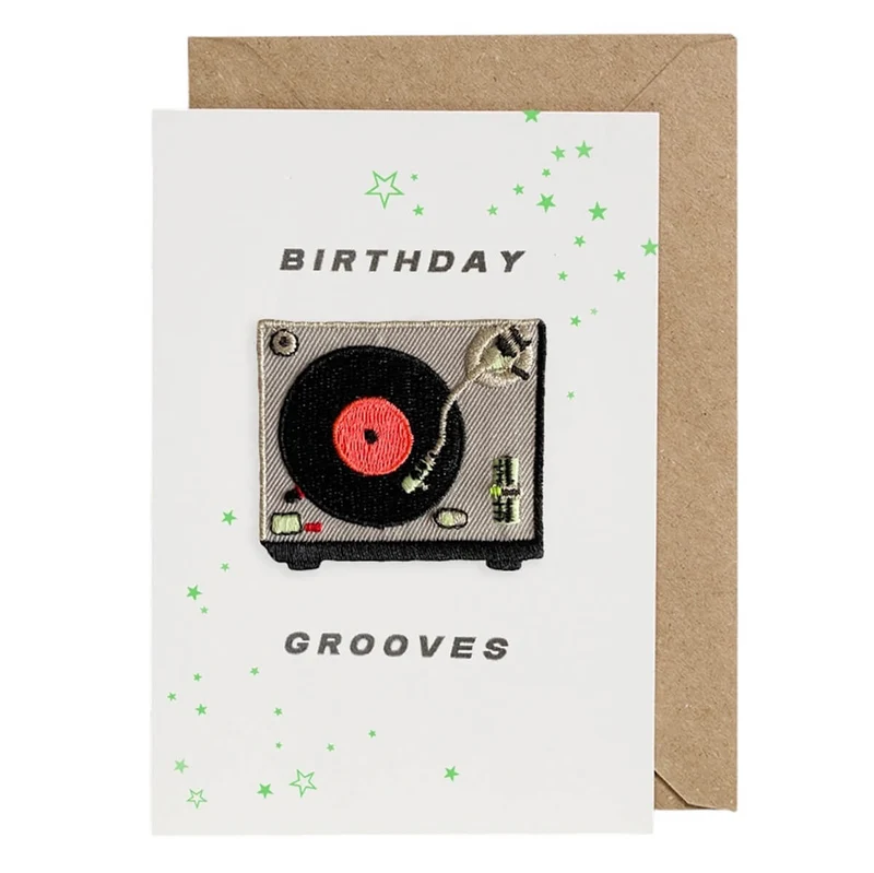 Record Player Iron On Patch Greetings Card by Petra Boase