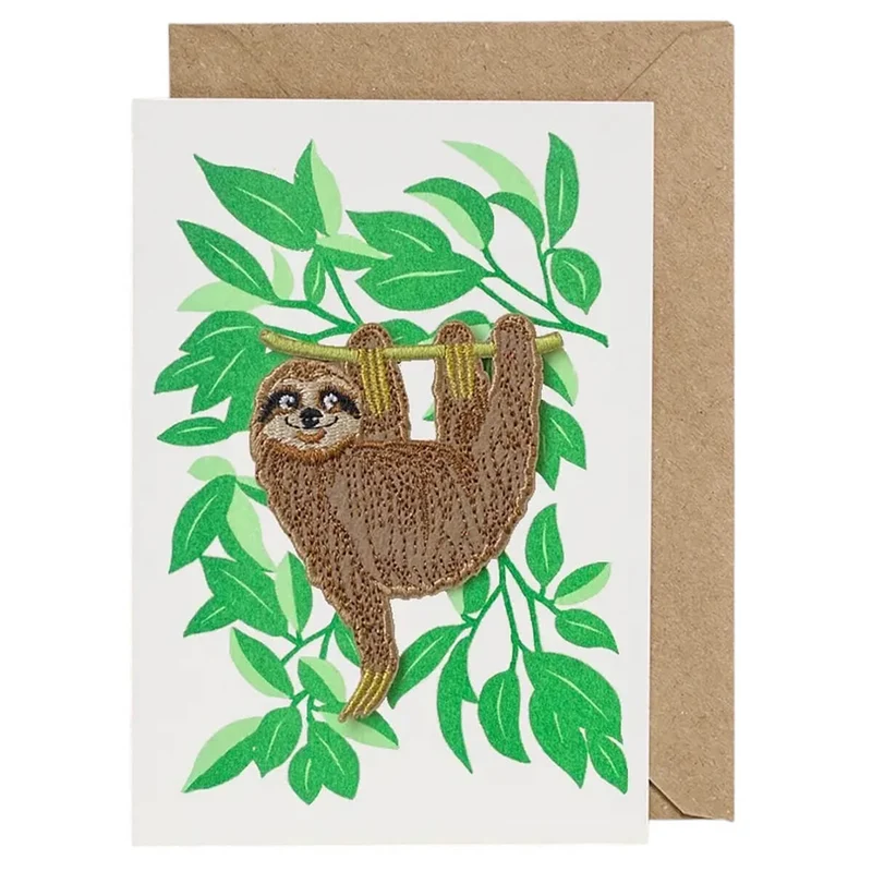 Hanging Sloth Iron On Patch Greetings Card by Petra Boase