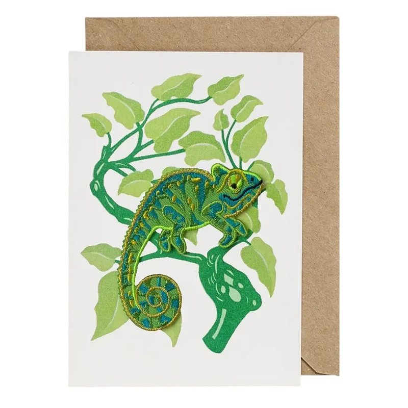 Climbing Chameleon Iron On Patch Greetings Card by Petra Boase