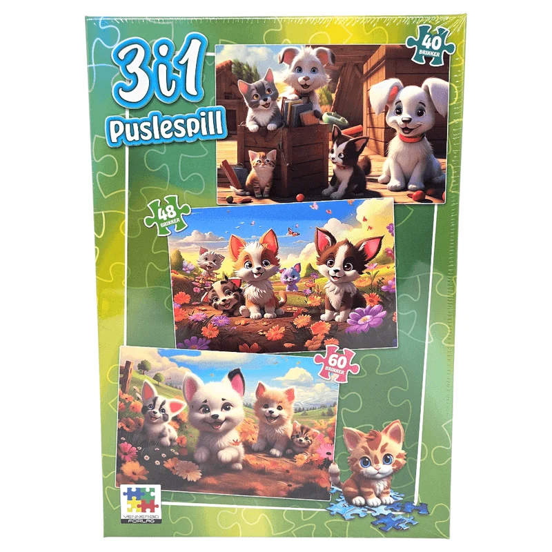 Puslespill 3i1 Hunder & Katter | Tre puslespill i én eske