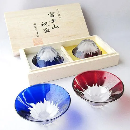 Tajima Glass Edo Gravyrglas Blått Rött Mount Fuji Parset Med Trälåda