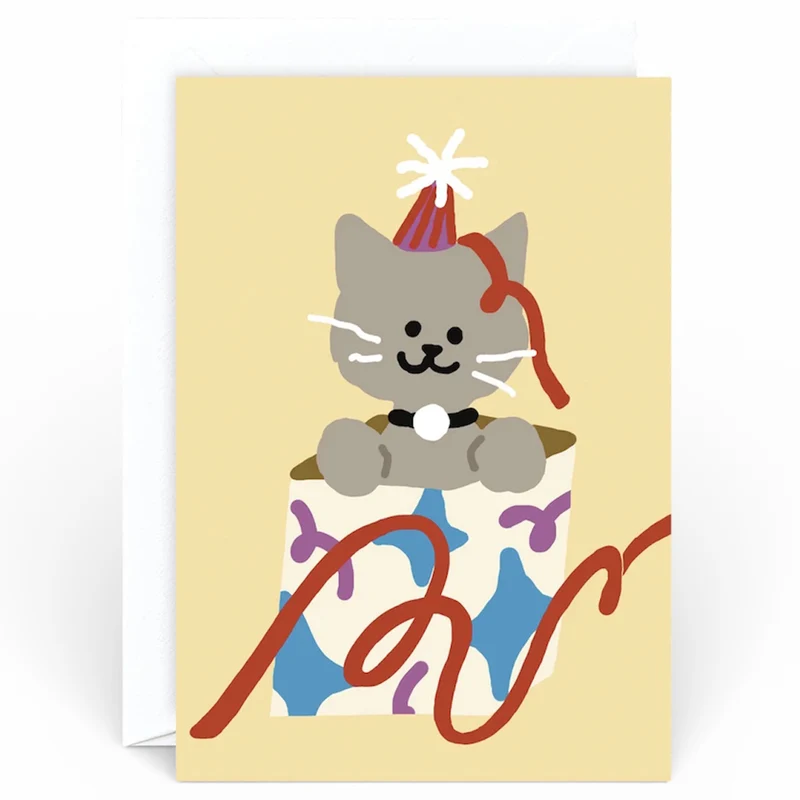 Cat In A Present Greetings Card by Limoo Park for Wrap