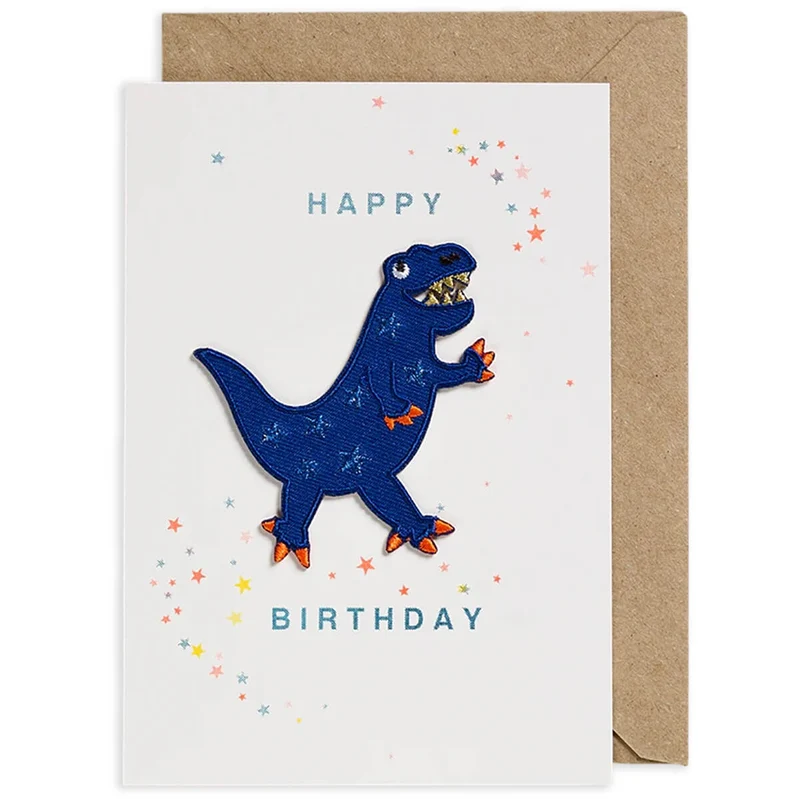 Blue Dino Iron On Patch Greetings Card by Petra Boase