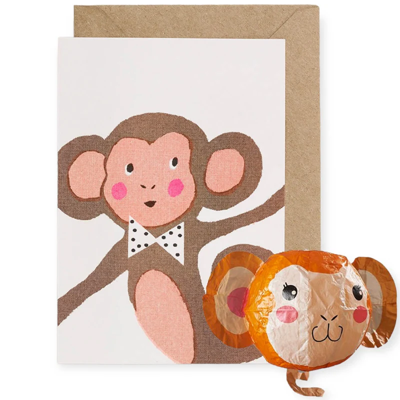 Monkey Japanese Paper Balloon Greetings Card by Petra Boase