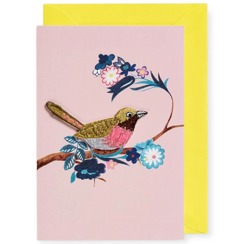 Embroidered Bird Iron On Patch Greetings Card in Pink by Petra Boase