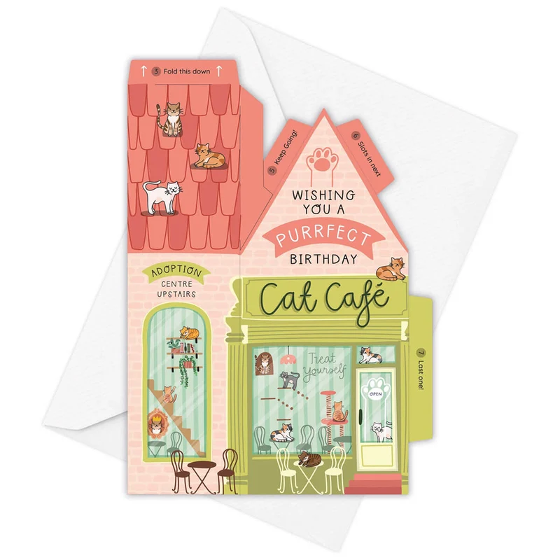 Cat Café 3D Greetings Card by Two For Joy Illustration