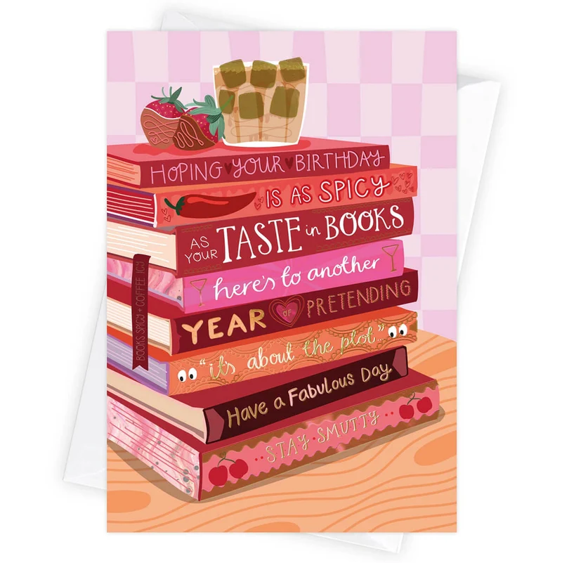 Spicy Books & Ice Coffee Bookish Greetings Card by Two For Joy Illustration