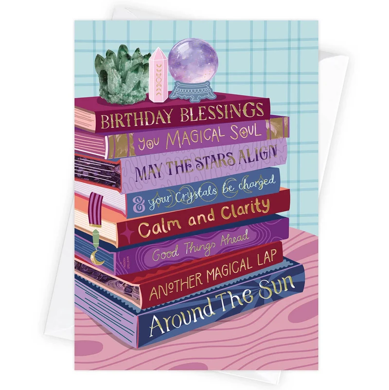 Birthday Witchy Crystal Blessings Bookish Greetings Card by Two For Joy Illustration