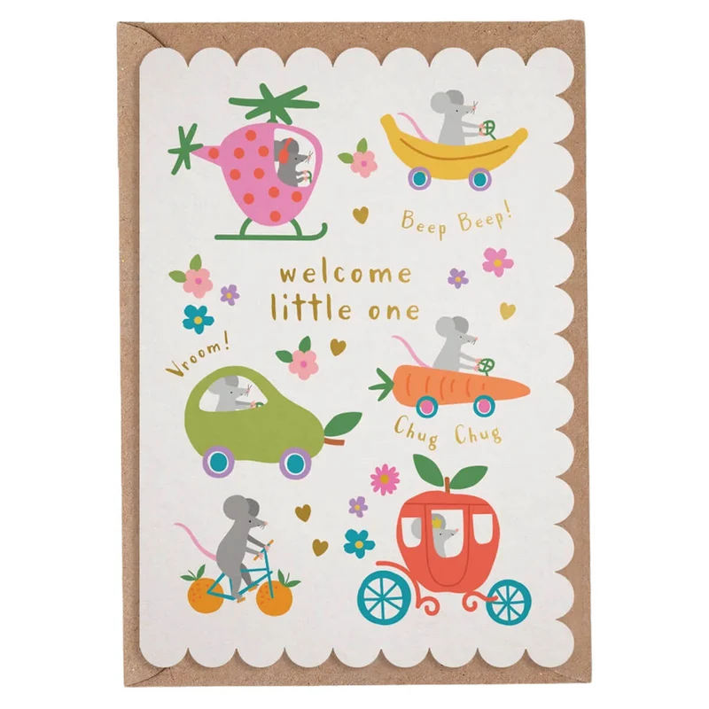 Mice Fruit Dash Welcome Baby Greetings Card by Mifkins