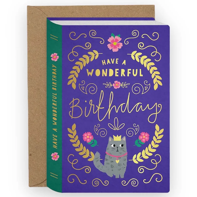 Ornate Book Cat Birthday Greetings Card by Mifkins