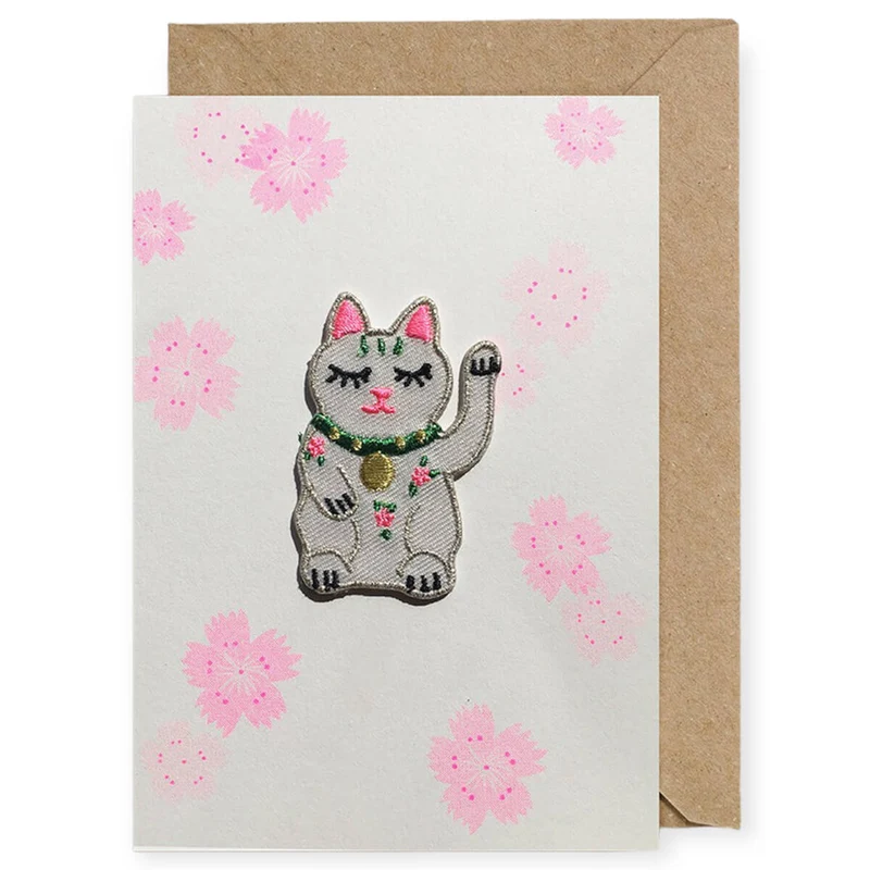 Lucky Waving Cat Flowers Iron On Patch Greetings Card by Petra Boase