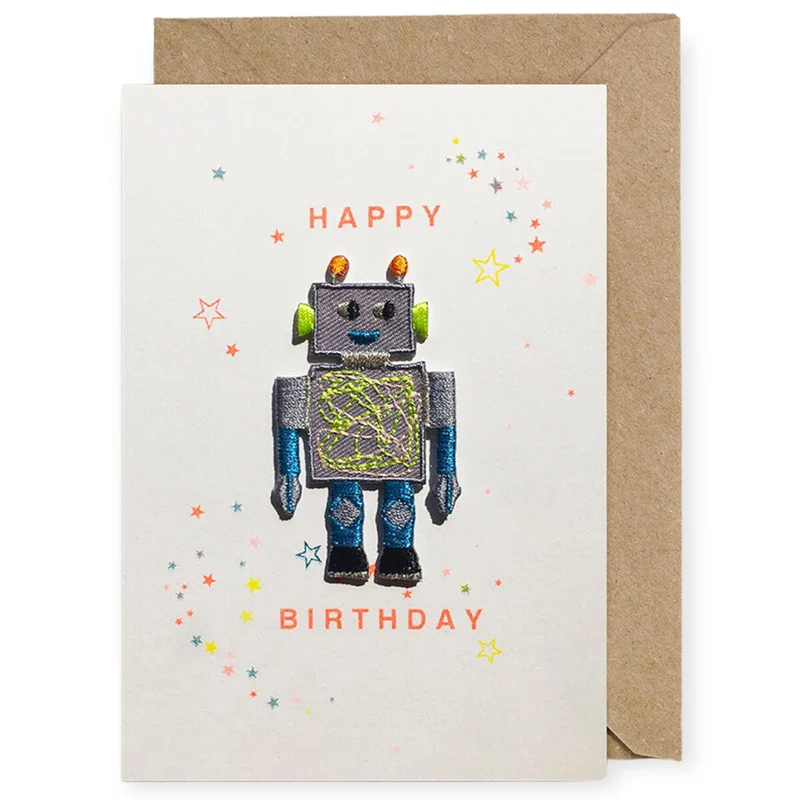 Robot Iron On Patch Greetings Card by Petra Boase