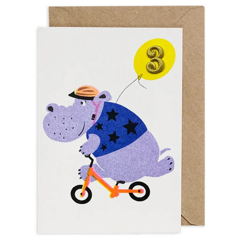 Hippo Embroidered Age Card by Petra Boase - Age 3