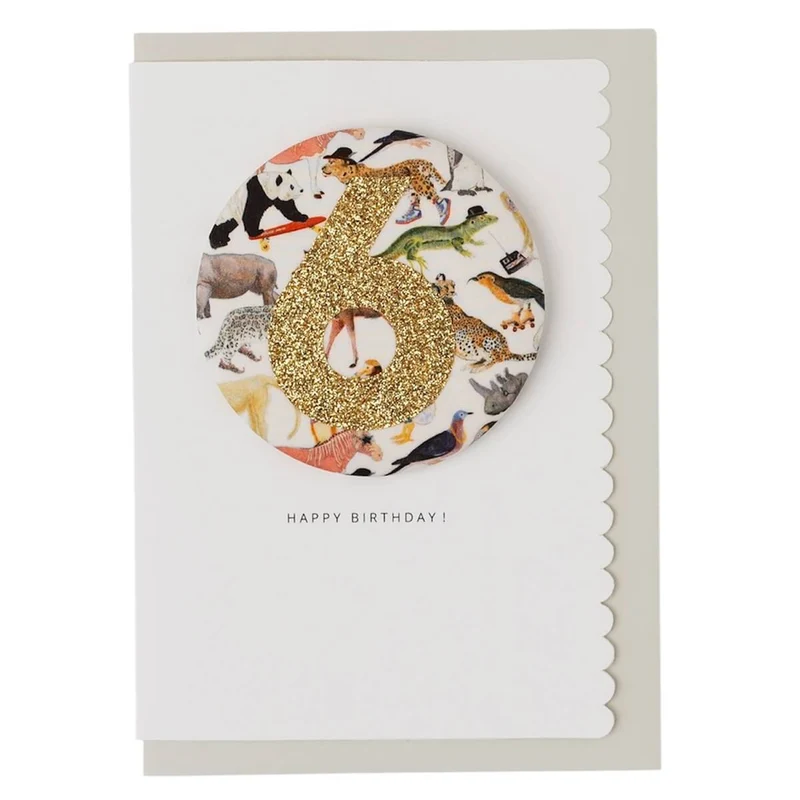 Age 6 Badge Greetings Card in Queue For The Zoo Liberty Print by The Charming Press