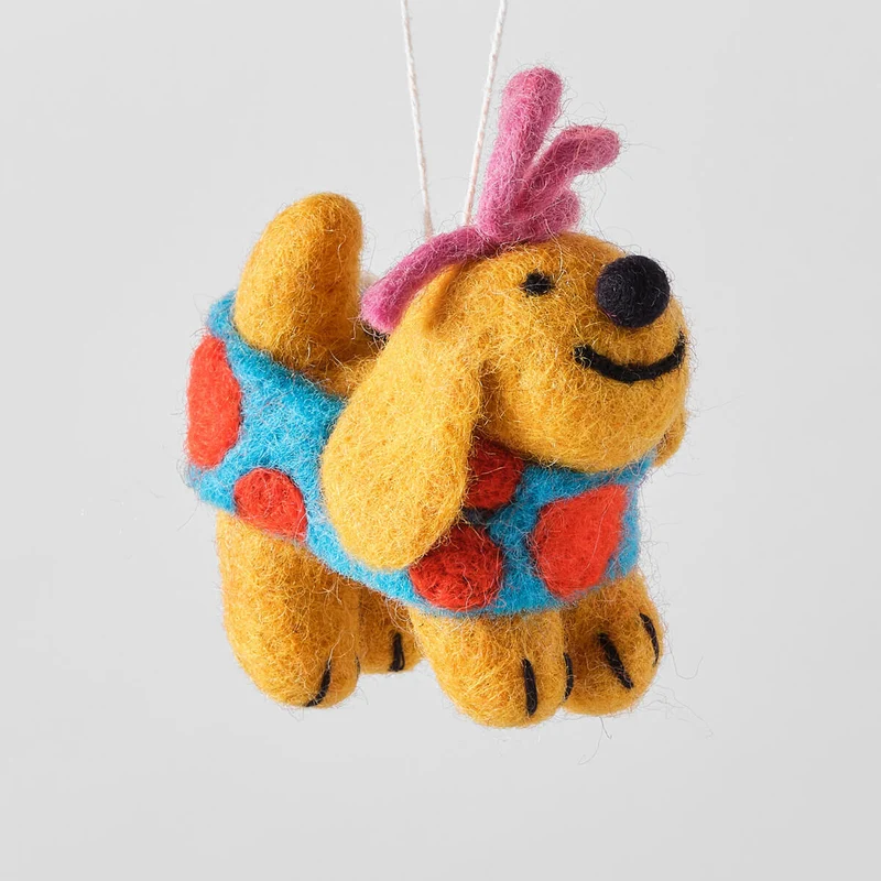 Fifi Wrapped Dog With Pink Bow Felt Decoration by Wrap