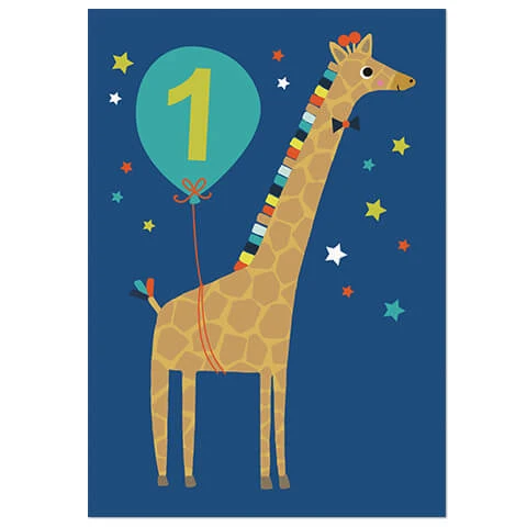 Age 1 Giraffe Greetings Card (Blue Background) by Mifkins